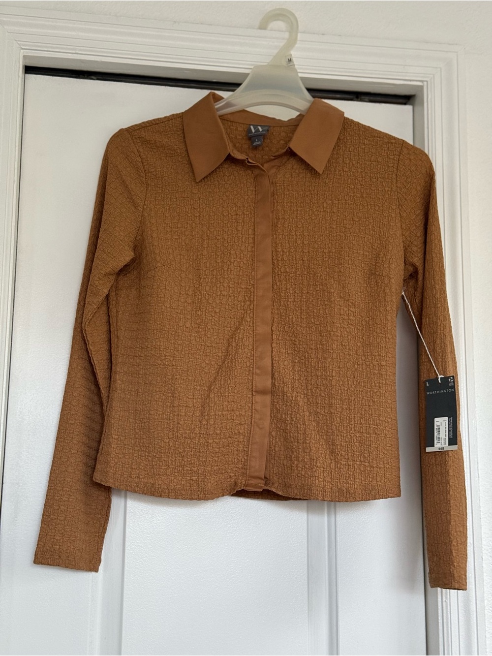 Worthington Textured Button-Front Blouse in Rust Brown